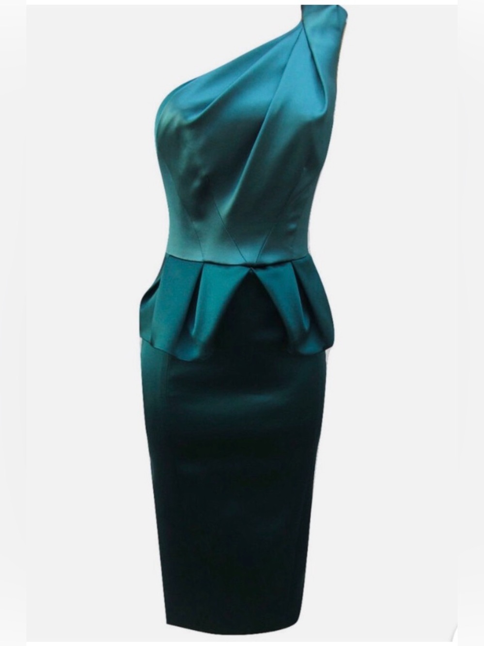 Karen Millen Emerald Satin One-Shoulder Peplum Sheath Cocktail Dress Sz 10 - Picture 4 of 4